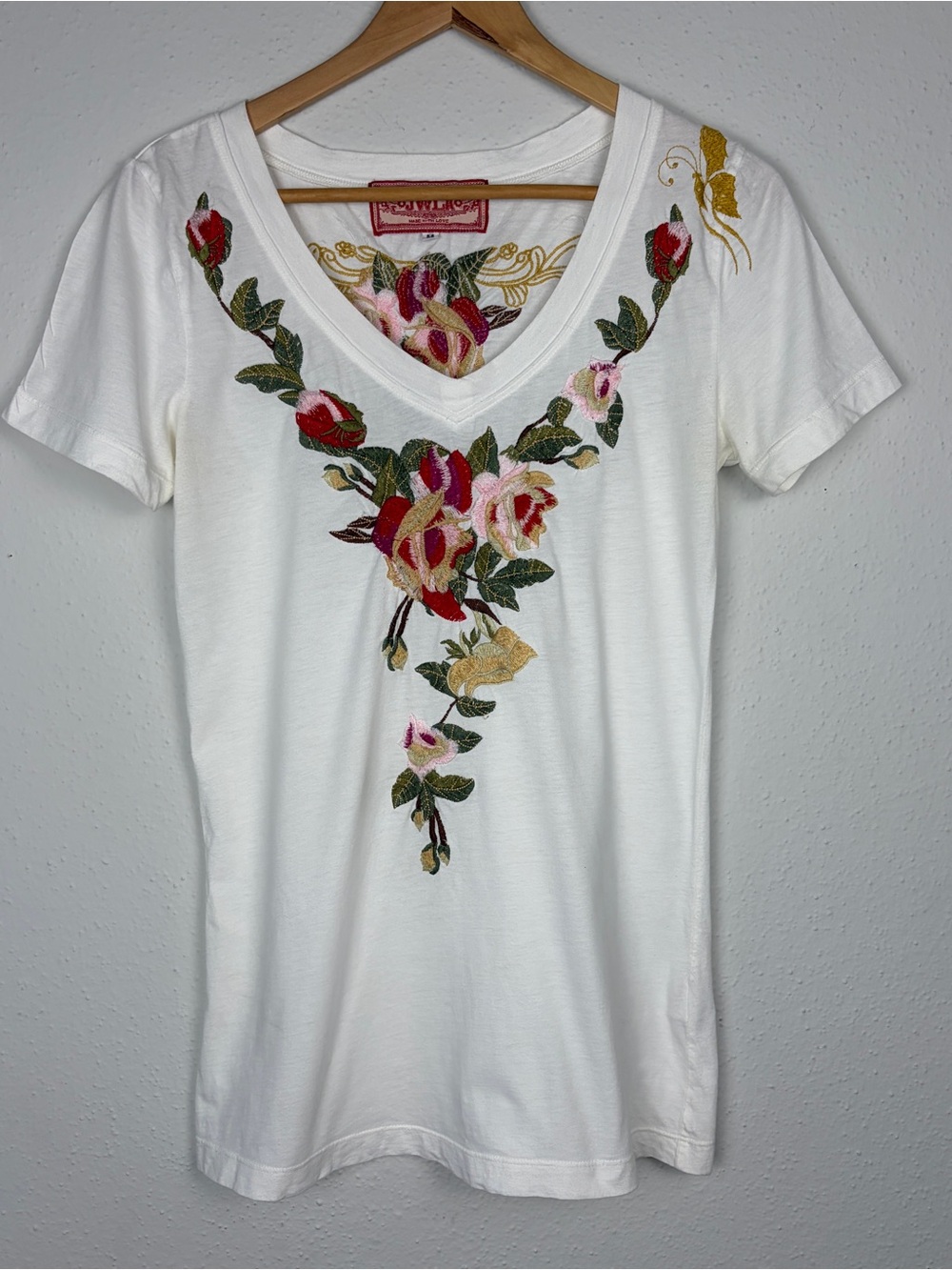 Johnny Was JWLA Embroidered Rose V-Neck Cotton Tee Size M